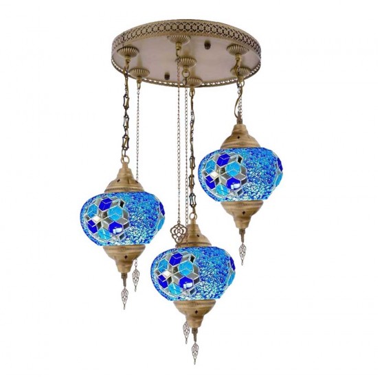 Modi Lighting 3lü Mavi Top Camlı Eskitme Osmanlı Sarkıt Avize Mod-AV-4466-3es-MV