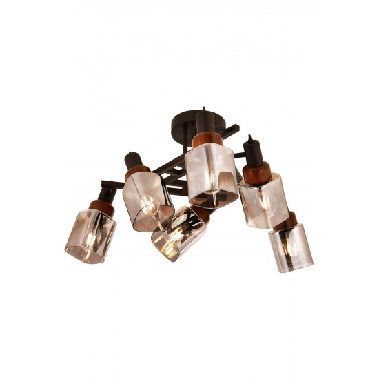 AVONNI AR-60415-6BSY Siyah Boya Modern Avize E27 Metal Ahşap Cam 60cm